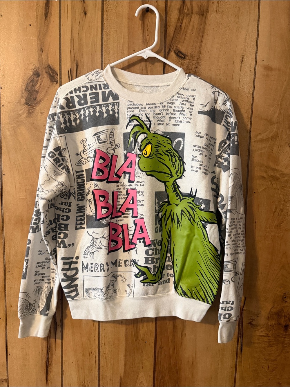 Dr. Seuss Green Grinch Crewneck Sweatshirt with Pink Text